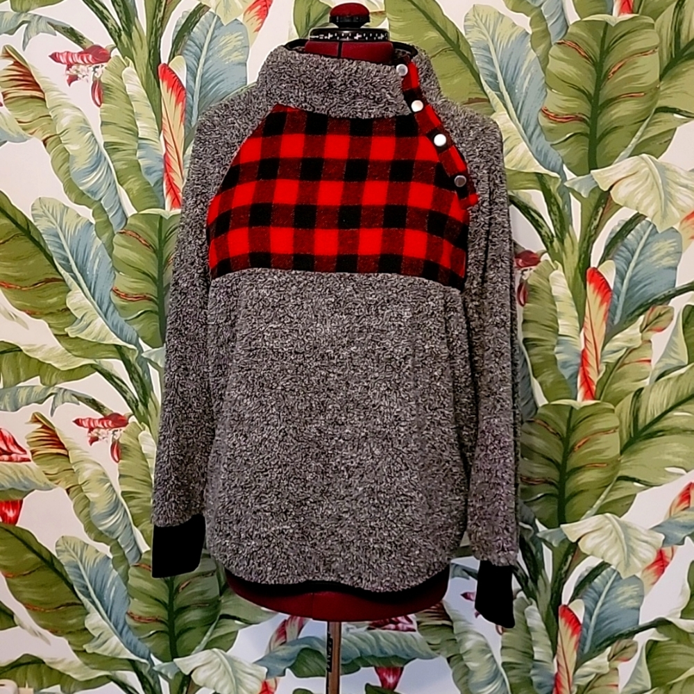 Assymetrical Gingham Fuzzy Sweater